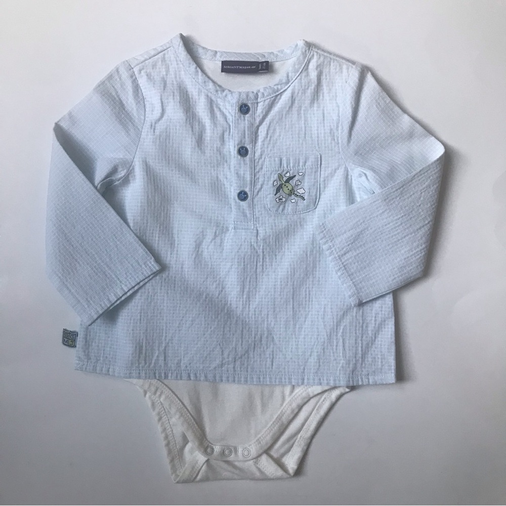 NWOT Sergent Major Walter Blue Bodysuit, Size 9 Months.